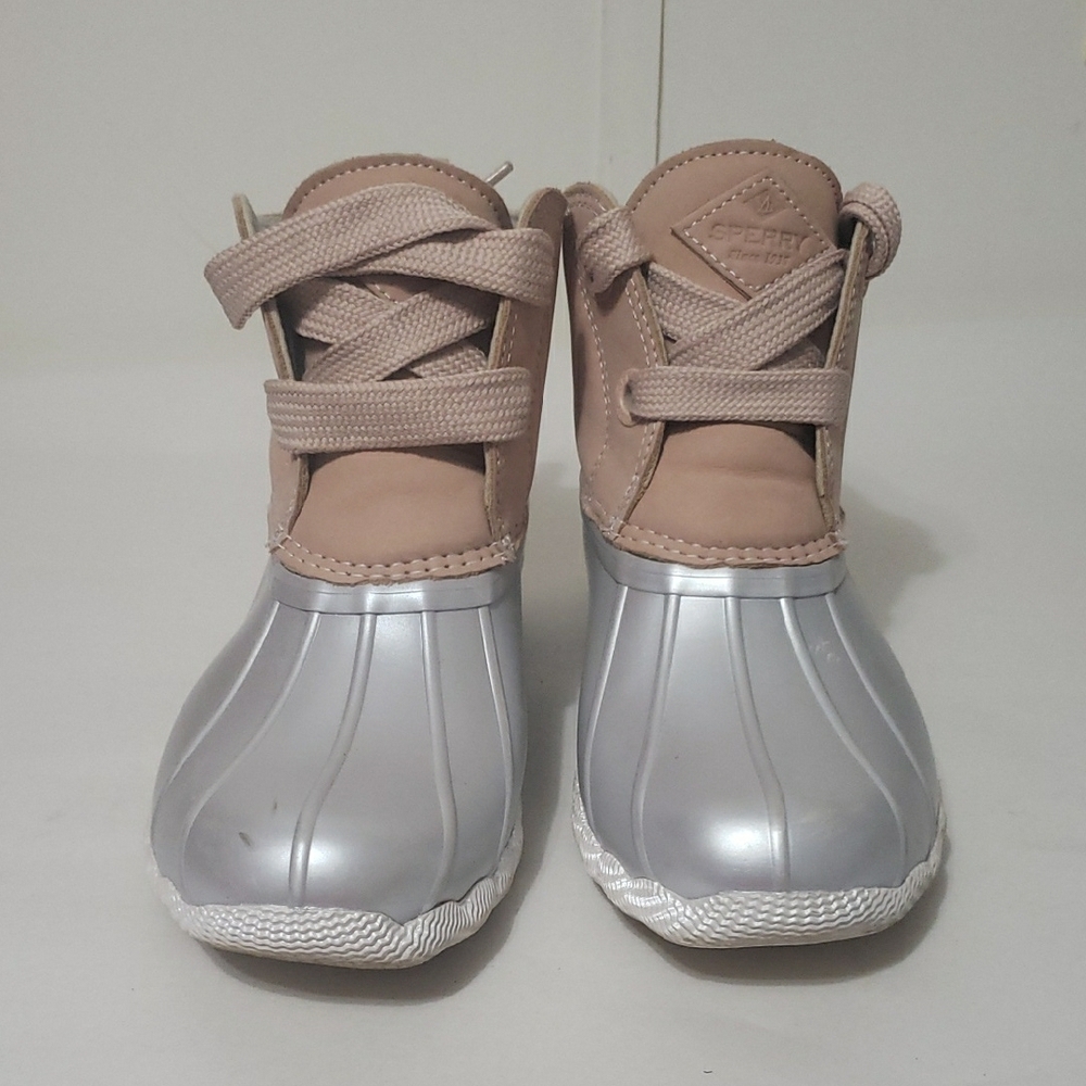 Sperry Saltwater 2-Eye Waterproof Pink and Silver Duck Ankle Boots